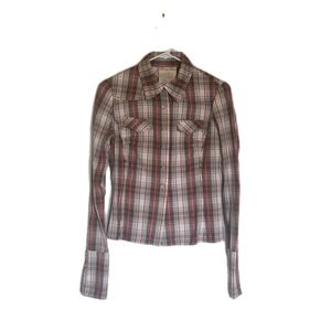 MISS ME Western Plaid Shirt S Red Cream Boho Chic Cowgirl Core Y2K Retro Flannel